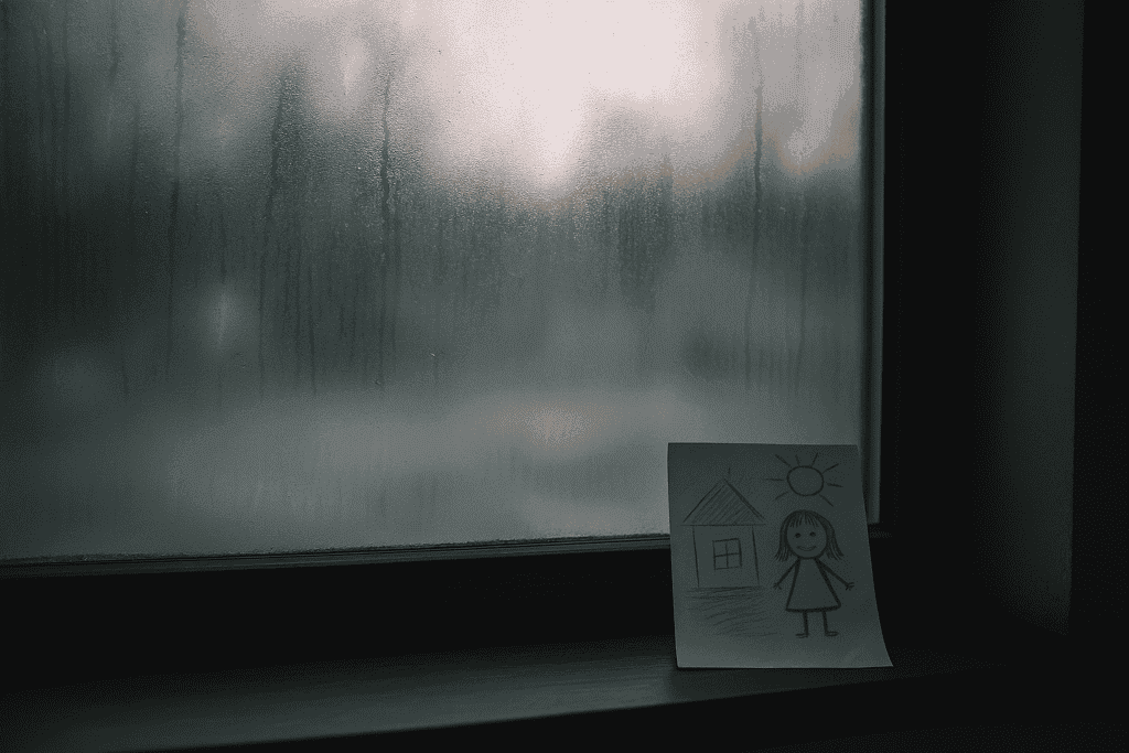 Rajzolt gyermekrajz az ablaknál, esős időjárásban.