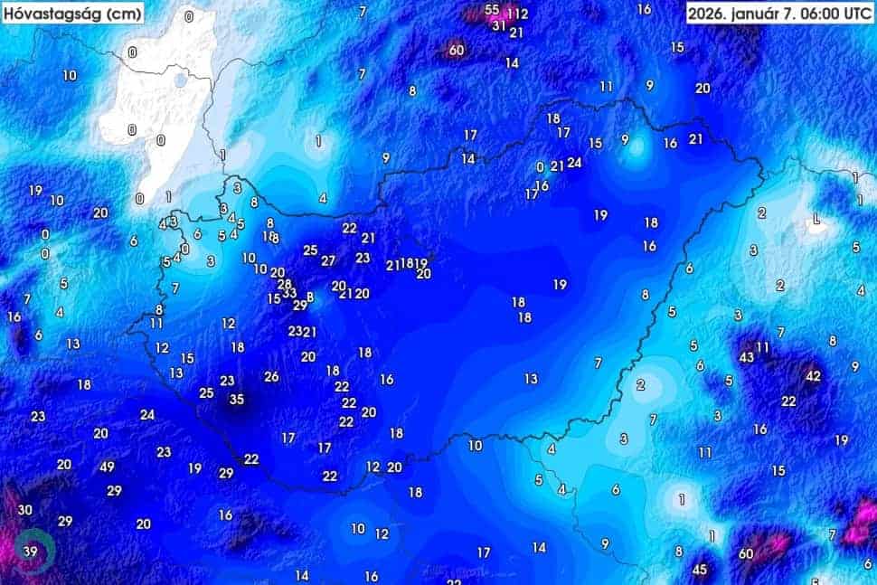 Havhőmérséklet térkép Magyarországon, január 7, 06:00 UTC, hideg időjárás, alacsony hőmérsékletek.