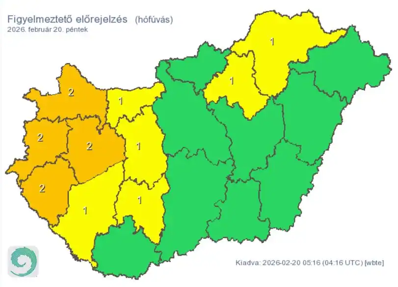 Havazás és szélvihar veszélyezteti az ország nagy részét február 20-án.